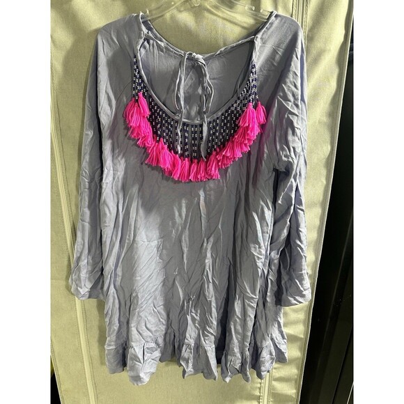 Philosophy Beaded Fringe Bell Sleeve Light Blue Vacation Dress Sz M Detail Boho - Picture 7 of 8